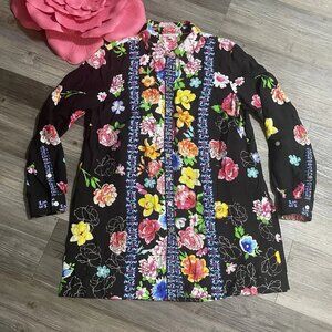 JOHN MARK Floral Tunic‎ Shirt Sz S Crinkled Relaxed Side Slits Boho Art to Wear